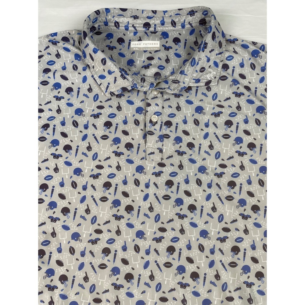 Fore Fathers Mens XXL Football Print Polo Shirt Grey Blue Performance Stretch